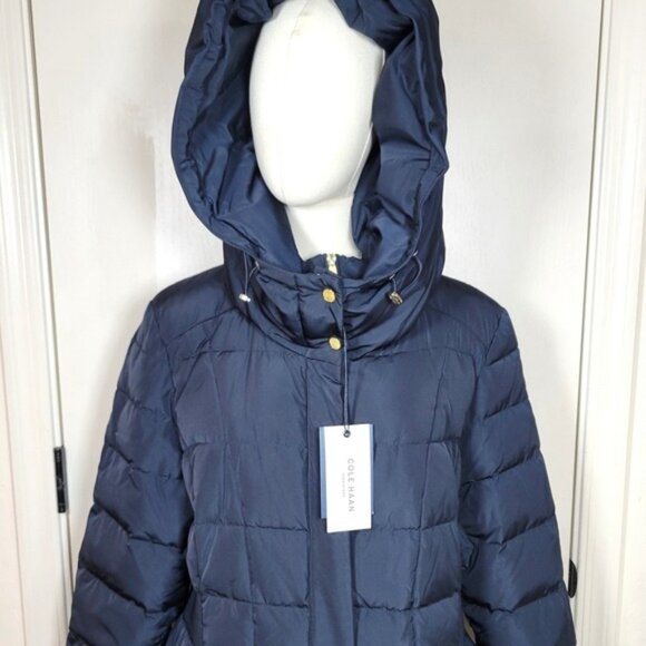 Cole Haan Feather Down Maxi Puffer Coat Jacket Navy Fold Down Collar Women's XL - Picture 4 of 7